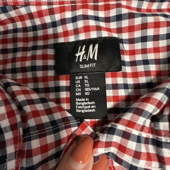 H&M Men Button Up Shirt Short Sleeve Slim Fit XLG Red, White, Blue, Plaid - Picture 3 of 8